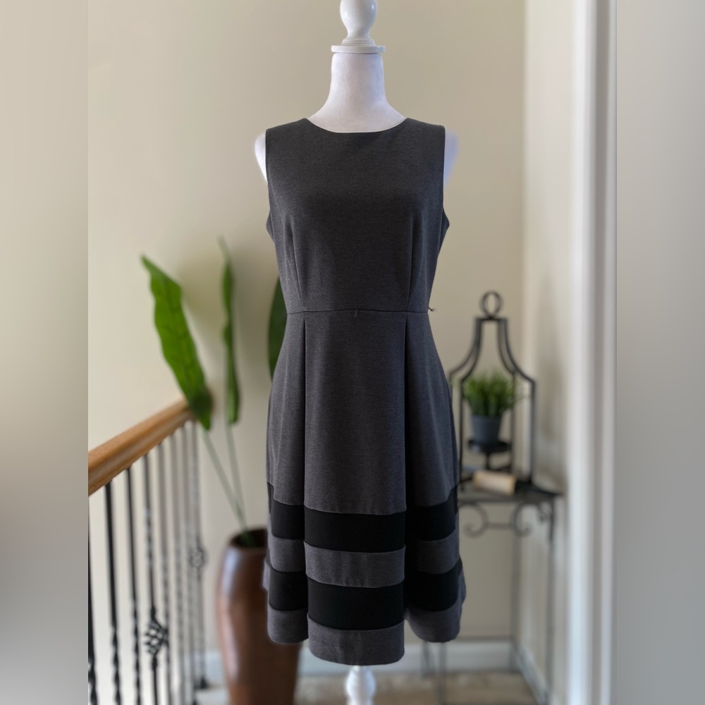 Calvin Klein Charcoal Gray Sleeveless Midi Dress with Black Bands